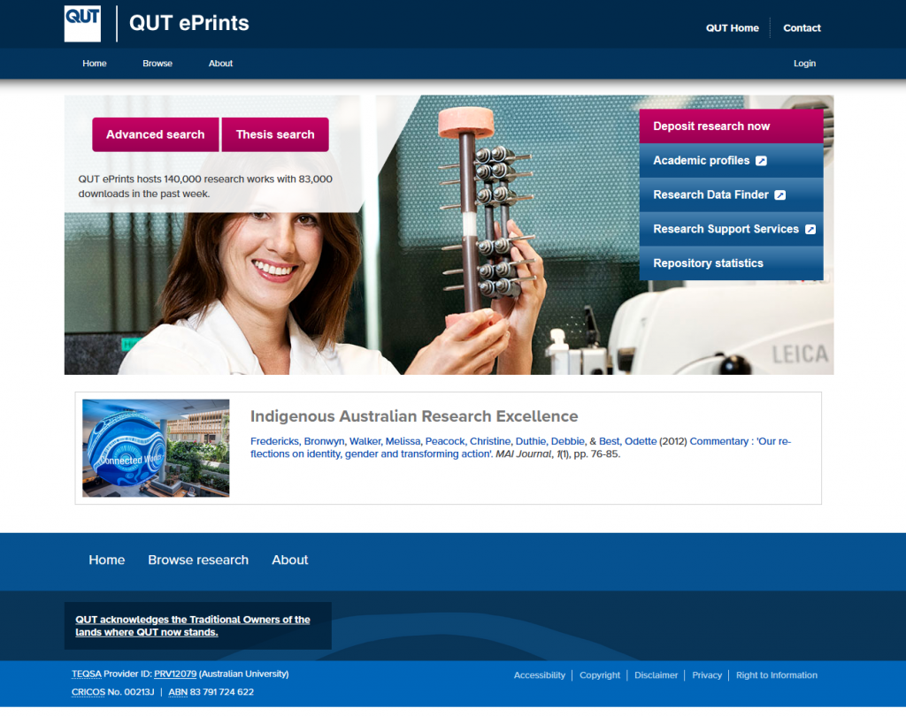 Home page of QUT EPrints, the repository of the Queensland University of Technology.