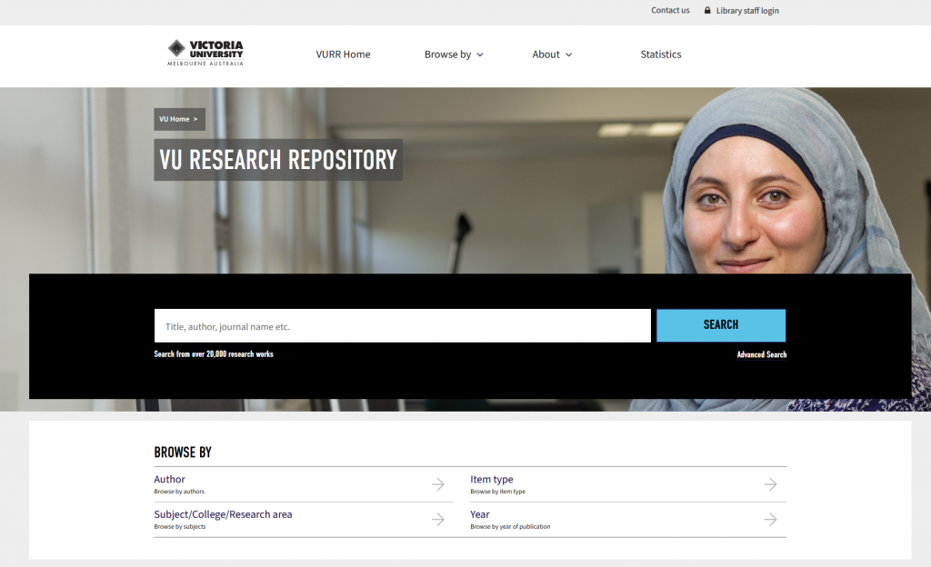 Home page of Victoria University Research Repository, Melbourne, Australia.