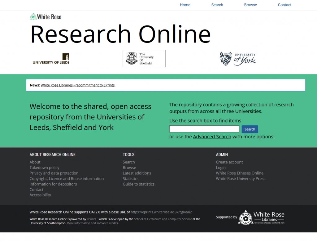 Home page of the White Rose Research Online repository, the shared open access repository from the Universities of Leeds, Sheffield and York.
